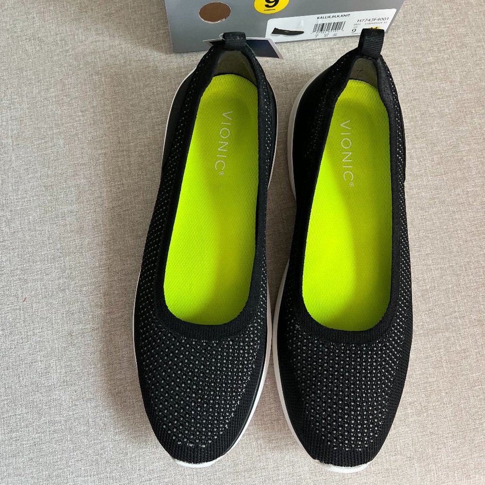 Vionic Black Flats with Neon Green Insole